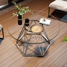 LVB 31.5” Round Glass Coffee Table, Modern Living Room Table with Hexagonal Silver Metal Frame, Small Contemporary Center Table for Bedroom, Office，31.5Inch