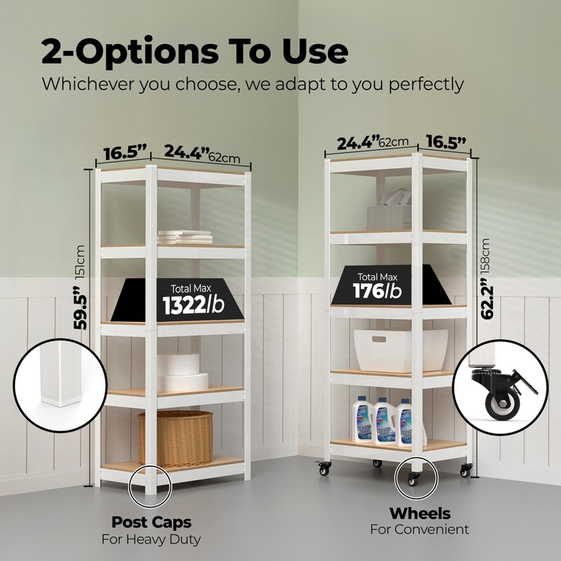HOMEDANT House White 5-Tier Metal Rolling Cart Shelf Rack Casters