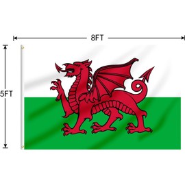 SHATCHI Large 8 x 5Ft Wales Flag Welsh Dragon Cymru National Flag Polyester Fabric Brass Eyelets for FIFA World Cup Football Rugby Sports Supporter, Red,Green,White