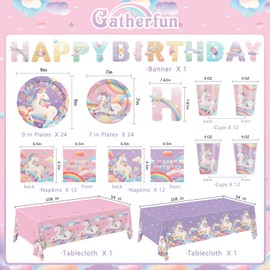 Unicorn Party Supplies Kit for 24 Guests - for Unicorn Birthday Decorations, Includes Dinner & Dessert Plates, Napkins, Cups, Banner and Tablecloth for Unicorn 1st Birthday Party Decorations