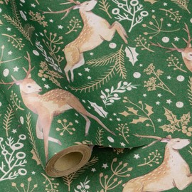 RUSPEPA Christmas Wrapping Paper Roll for Women Men, Jumbo Roll, Green Reindeer and Botanical Foliage Design, Elegant Kraft Gift Wrap Paper for Christmas, Holiday, Winter Party, 30 Inches x 32.8 Feet
