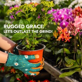 VGO Women Gardening Gloves Premium Goat Leather Touchscreen Fingertips,Breathable Floral Design Work Gloves,Non-Slip Grip for Pruning,Landscaping,DIY&Outdoor Activities (GA7476-FM,Dark Green,M,1pair)