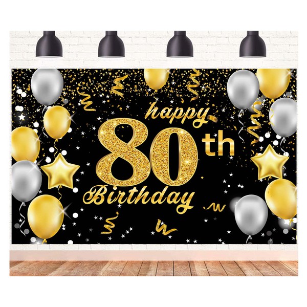 80th Birthday Banner Black Gold, 80th Birthday Party Decorations Background Banner Extra Large, Black Gold Decoration for Men Women 80th Birthday Party Supplies Photo Prop Banner