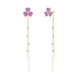 EleQueen Gold-Tone Purple Enamel Lucky Shamrock Earrings for Women, Crystal Drop Long Tassel Chain Clover Stud Dangle Earrings Jewelry Gift for St Patricks Day