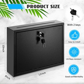 Yaocom Metal Suggestion Box with Lock and Slot Office Locked Wall Mailbox House Outside Key Drop Box with 2 Keys Donation Deposit for Ballot(Black,11.8 x 9.45 x 2.95 Inches/ 30 x 24 x 7.5 cm)