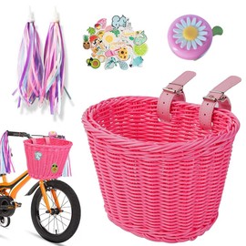 Bicycle Basket Front Children Removable, EUBSWA Bicycle Basket Wicker Basket Front with Bells and Streamers, Girls Bicycle Basket Accessories (Pink Bicycle Basket-1)