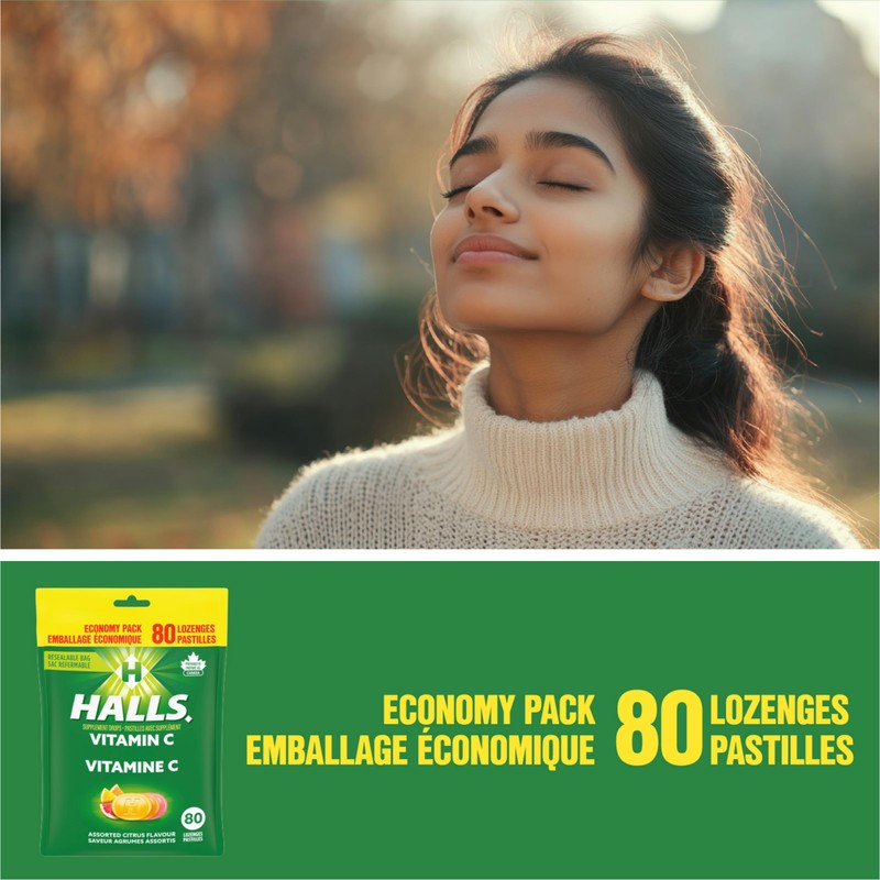HALLS Vitamin C Assorted Citrus Flavour Supplement Drop Lozenges, Throat