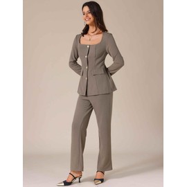 Allegra K Women's 2 Piece Outfits Square Neck Blouse and Long Pants Elegant Business Sets Small Dark Khaki