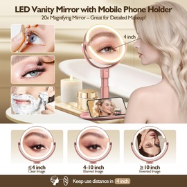 MOMOKUBA Makeup Mirror with Lights, 30X Magnifying & Height Adjustable, Lighted Magnifying Mirror with 3 Light Modes & Stepless Dimming, Vanity Mirrors for Bathroom, Birthday Gift for Women, Rosegold