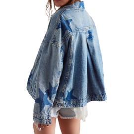 D-Sun Women Casual Denim Jacket Oversized Leopard Stars Printed Boyfriend Vintage Jean Jacket Coat with Pockets