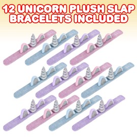 ArtCreativity Plush Unicorn Slap Bracelets for Kids, Set of 12, Cute Slap Bands for Girls with 3D Details, Unicorn Party Favors for Children, Pretty Goodie Bag Fillers, Pink, Purple, and Blue