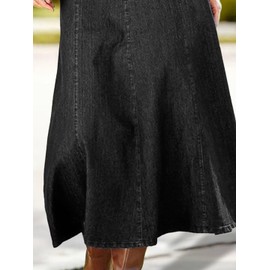 Flamingals A-Line High Rise Vintage Wash Stitch Detail Long Denim Skirt Without Belt Black L