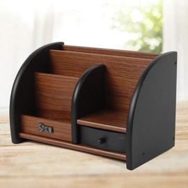 Desk Organiser, Wooden Pen Holder with Drawer, Multifunctional Stationery Storage Box, 20 x 11.8 x 13.5 cm for Home, Office, School
