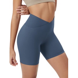 ODODOS Cloud Feeling Cross Waist Yoga Shorts for Women, 6" Crossover High Waist Lounge Biker Shorts, Ink Blue, Medium