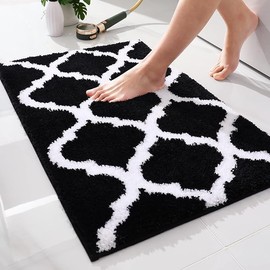 Bathroom Rugs Bath Mat, Super Soft and Water Absorbent Microfiber Striped Bath Rugs, Non-Slip Shaggy Bath Mats, Extra Thick Machine Washable Carpet for Tub Shower Bath Room (Black, 24"x36")