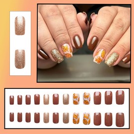24Pcs Fall Press on Nails Short Square Fake Nails Maple Leaf False Nails with Gold Glitter Design Brown Artificial Nail Full Cover Glossy Glue on Nails Thanksgiving Stick on Nail for Women Manicure