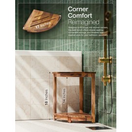 HOLANA 18" Teak Corner Shower Stool for Inside Shower – Teak Corner Shower Bench with Storage Shelf – Shower Foot Rest and Shower Stool for Shaving Legs – Compact Teak Shower Stool for Indoor Use