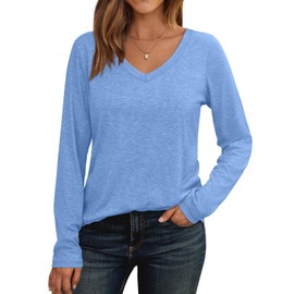 AUTOMET Womens Long Sleeve Shirts V Neck Casual Tops Loose Dressy Basic Fall Fashion Trendy Outfits Winter Clothes LightBlue 2XL