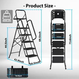 BONTEC 5-Step Ladder, 400lbs Max Load, Folding Step Stool with Tool Tray, Tool Bag, Handrails, Wide Anti-Slip Pedals, Sturdy Steel Ladder for Household & Work Use, Black