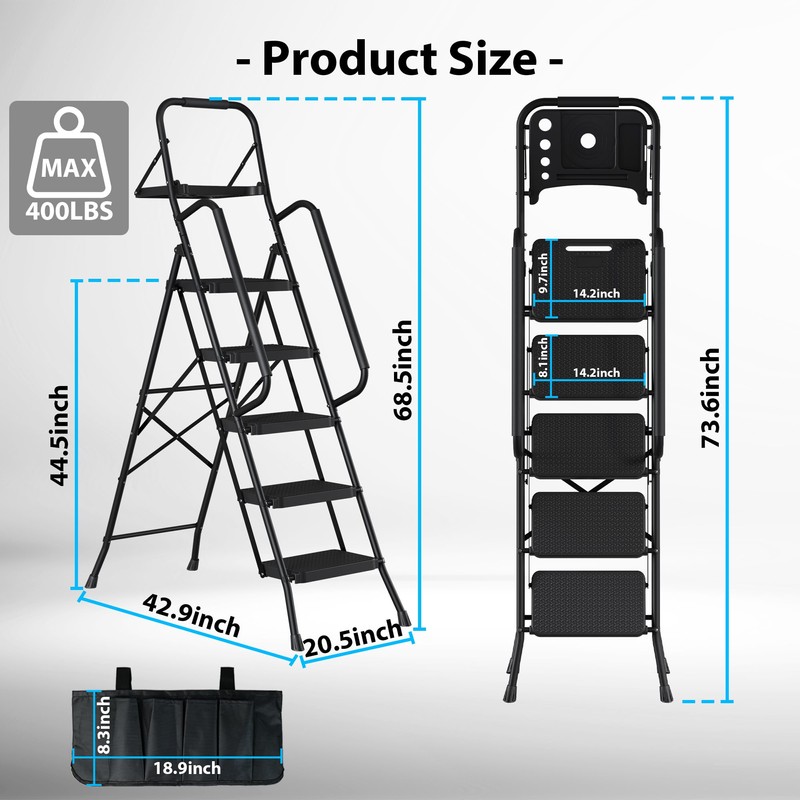 BONTEC 5-Step Ladder, 400lbs Max Load, Folding Step Stool with