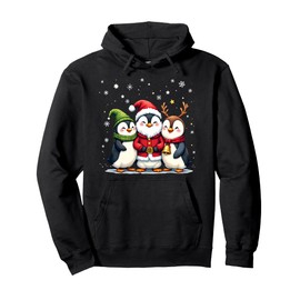 Cute Christmas Penguins in Santa Elf and Reindeer Costumes Pullover Hoodie