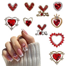 10PCS Valentine's Day Nail Charms Heart Nail Art Charms Glitter Red Love Heart Crystals Diamonds Nail Rhinestones 3D Flat-Back Metal Alloy Love Nail Jewelry Nail Art Design for Women Girls Nail Decor
