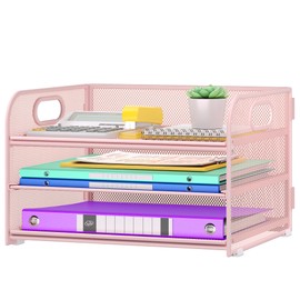 Cawukege 3 Tier Paper Organizer with Handle, Metal Desk Organizer Mesh Paper Letter Tray Desktop File Folder Document Sorter for Classroom, School, Office Accessories Organization and Storage - Pink