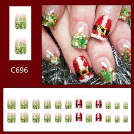 24Pcs Christmas Short Press on Nails French Tip Glue on Nails Square Fake Nails with Designs Xmas Acrylic Nails Full Cover False Nails Glitter Stick on Nails Reusable Artificial Nails for Women