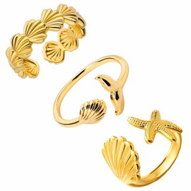 JczR.Y Shell and Starfish Rings Opening Sea Shell Rings Adjustable Gold Stainless Steel Fish Tail Middle Index Rings for Women Summer Vacation Beach Statment Jewelry Gift