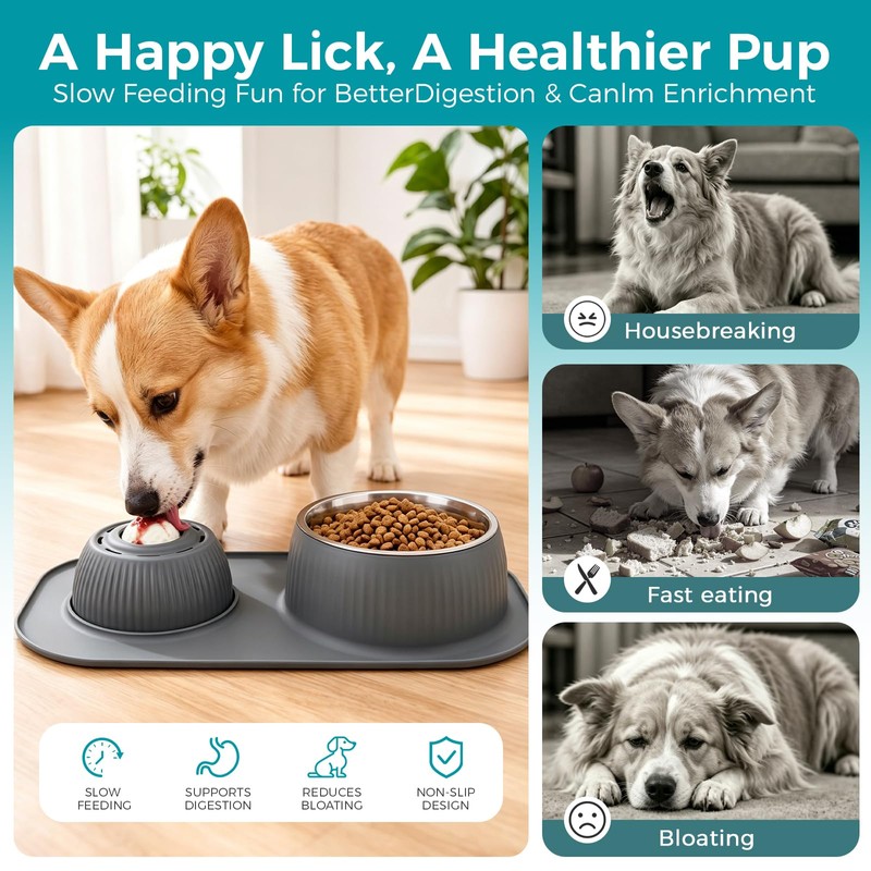 Dog Licking Bowl with Rolling Ball,Food and Water Bowl Set