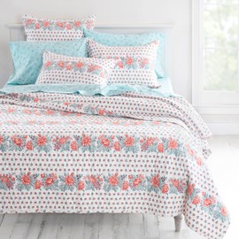 MARTHA STEWART Victoria Multi Color Queen Quilt Set - 3 Piece, 100% Organic Cotton Bedspread, Reversible, Cool, Percale Weave, Soft & Lightweight Quilt, 1 Summer Quilt, 2 Pillow Shams