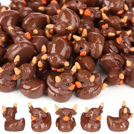 Geelin 50 Pcs Mini Highland Cow Resin Ducks Bulk Cute Highland Cow Print Duck Decorations for Micro Landscape Office Garden Desk Party Tabletop Decor