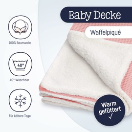 Julius Zöllner Winter Blanket Made of Waffle Pique and Cuddly Teddy Fabric, Size 70 x 100 cm, Made in Germany, Waffle Pique 100% Cotton, Oeko-Tex® Standard 100, Blush