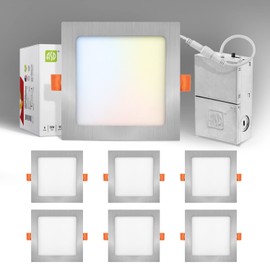 ASD 6 Inch Ultra Thin Square LED Recessed Lighting Brushed Nickel, 5 CCT 2700K-5000K, 15W 60W Eqv, Dimmable Canless Ceiling Square Downlight with J-Box, 1197Lm High Brightness - UL Energy Star 6 Pack