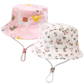DAVBNM 2 Pack Baby Sun Hat, Beach Protection Hat, Wide Brim Adjustable Summer Cap with Chin Strap for Toddler Kids, Cartoon Animal Flower Pattern Bucket Hats, for Boys Girls 3-8 Years