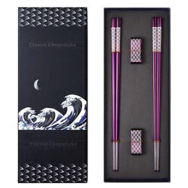 TIICOO Metal Chopsticks Reusable 2 Pairs Titanium Stainless Steel 18/8 Chopsticks with Holder, Dishwasher Safe Lightweight Japanese Style Chopsticks Gift Set (Purple)
