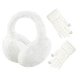 Winter Ear Muffs and Gloves Set for Women Girls Faux Fur Warm Earmuffs Fluffy Ear Warmers Cute Foldable Ear Covers Headband, A-White
