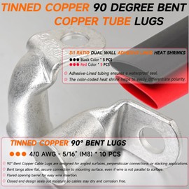 Tinned Copper Cable Lugs 8pcs 4/0 AWG-5/16 90 Degree Bent Battery Lugs,Heavy Duty Wire Lugs,Ring Terminal,4/0 Guage terminals,Battery Cable Ends/Terminal Connectors with 8pcs 3:1 Heat Shrink Tubing