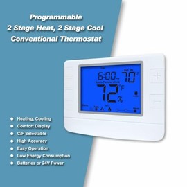 Multi Stage Thermostat for Home Cooling and Heating, 2 Heat/2 Cool, Extra Large Display, Blue Backlight
