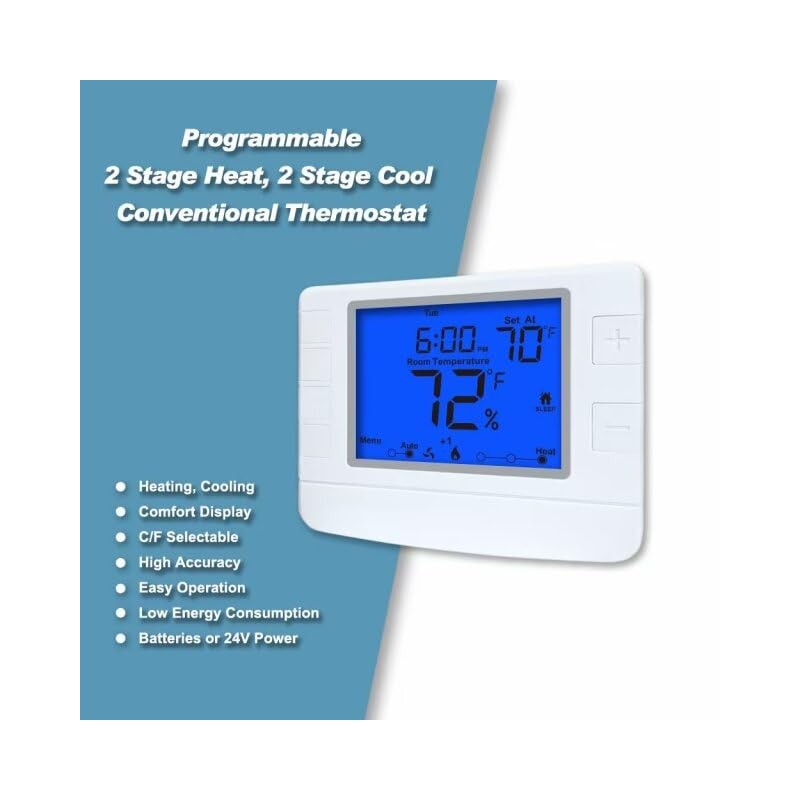Multi Stage Thermostat for Home Cooling and Heating, 2 Heat/2