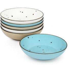 Esfour 8 Inch Porcelain Pasta Bowl, 16 Ounce Salad Bowls, Microwave & Dishwasher Safe, Sturdy & Stackable, Set of 6 Ceramic Bowl Plate Set, Wide Shallow Salad Bowls, Natural Assorted Colors