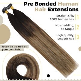 Ugeat Flat Tip Hair Extensions Balayage Darkest Brown to Blonde with Medium Brown Balayage Pre Bonded Keratin Human Hair Extensions 16 Inch Real Human Hair Flat Tip 50 Grams 50s