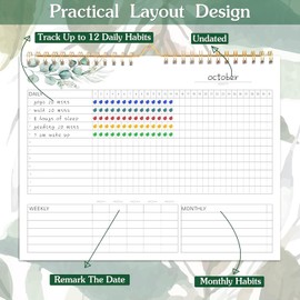 Habit Tracker Calendar- 12 Months Undated Daily Weekly & Monthly Period Habit Tracker Journal, Greenery Floral, Spiral Binding with Writable Goals Habits Track and Self Care Office Supplies. 8"x10"