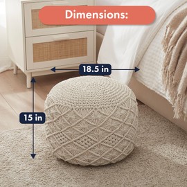 Ornavo Home Pouf Ottoman Foot Rest - 100% Cotton Pouffe - Hand Knitted Macrame Braid - Boho Round Stuffed Ottoman for Living Room, Bedroom - Natural