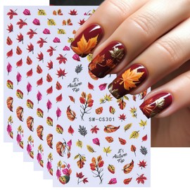 Fall Maple Leave Nail Art Stickers 3D Red Brown Maple Leaf Nail Decals 6PCS Autumn Maple Leaf Nail Stickers Thanksgiving Day Nails Design Adhesive Sliders for Women Girl Manicure Nail Art Decorations