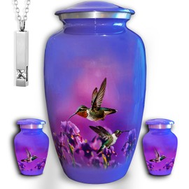 AmericUrn Set of 4 Funeral & Cremation Urn for Ashes for Women & Men with 1 Large Hummingbird Decorative Urns for Human Ashes Adult Female, 2 Small Keepsakes and 1 NecklaceUrn - Handcrafted in India
