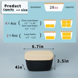 HAOTOP Porcelain Butter Dish Perfect for 4 Sticks of Butter,Butter Container Large Ceramics Butter Holder with Lid (Black)