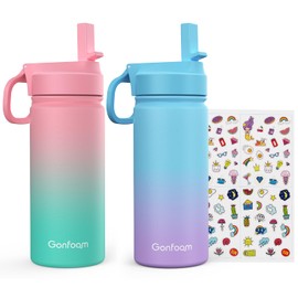 Kids Water Bottle, 2-Pack 16oz Kids Water Bottle with Stickers for School, insulated Stainless Steel Straw Cup(Pink+Blue)