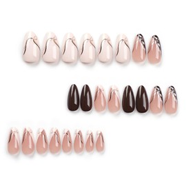 ANDGING Almond Press on Nails Short Medium Brown Glue on Nails with Gold Line Leaf Designs Fantasy Acrylic Gel Fake Nails for Women Wedding Full Cover Manicure False Stick on Nails 24 Pcs