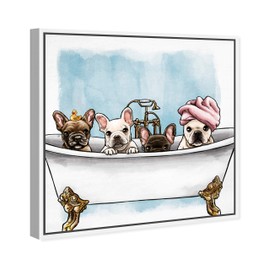 The Oliver Gal Artist Co. Animals Framed Wall Art Canvas Prints 'Frenchies in The Tub' Dogs and Puppies Home Décor, 12" x 12", White, Blue